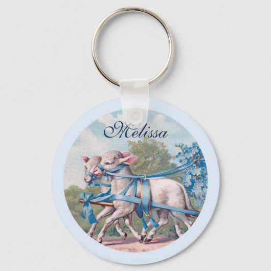 ヴィンテージで青いリボンファンシーを着た子羊 キーホルダー (正面)