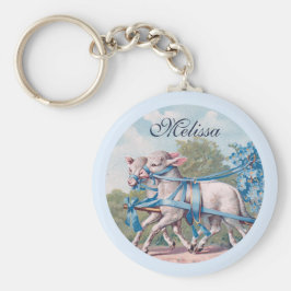 ヴィンテージで青いリボンファンシーを着た子羊 キーホルダー