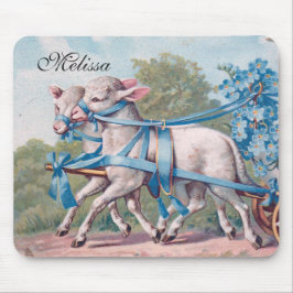 ヴィンテージで青いリボンファンシーを着た子羊 マウスパッド