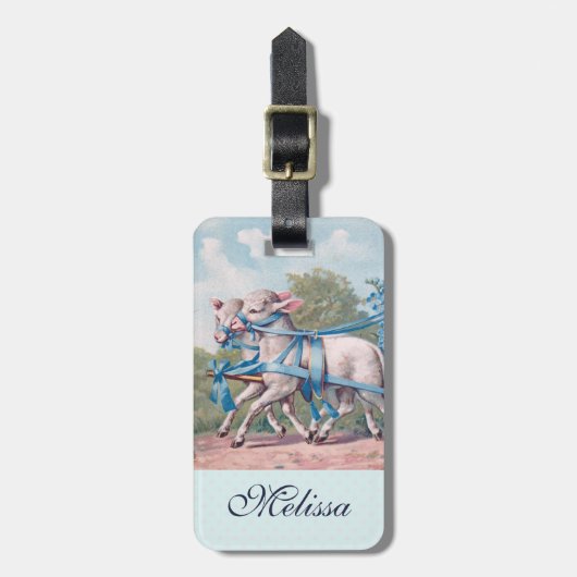 ヴィンテージで青いリボンファンシーを着た子羊 ラゲッジタグ (正面縦)