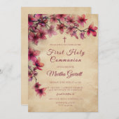 ヴィンテージとさくらんぼピンク第1聖餐式 招待状 (正面/裏面)