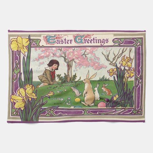 ヴィンテージとイースターの卵狩りの子ども キッチンタオル (横)