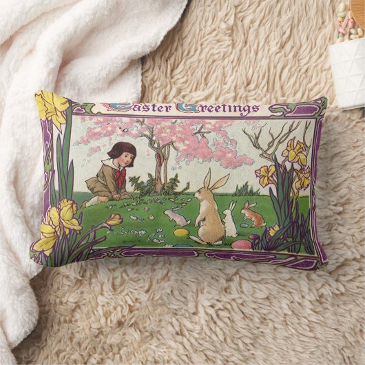 ヴィンテージとイースターの卵狩りの子ども ランバークッション (ブランケット)