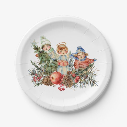 ヴィンテージとクリスマスの天使 ペーパープレート (正面)