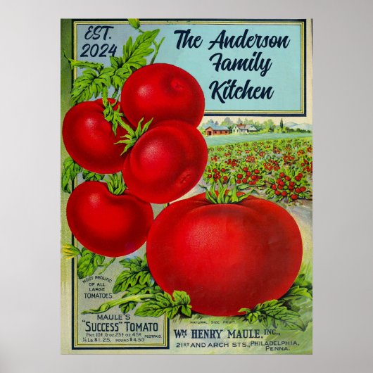 ヴィンテージとトマトのカスタム家族の名前のキッチン ポスター (正面)