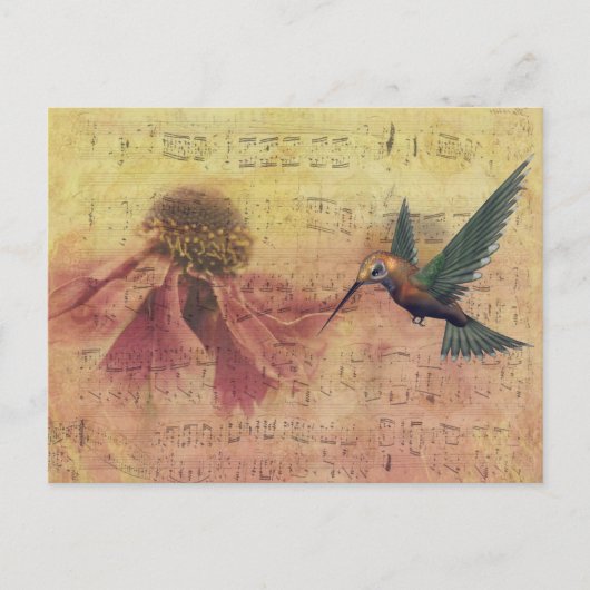 ヴィンテージとハチドリの楽譜 ポストカード (正面)