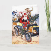 ヴィンテージとピエロのサンタクロースが車のクリスマス シーズンカード (正面)