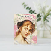 ヴィンテージとピンクのハイビスカスフラワー招待状 ポストカード (スタンド正面)