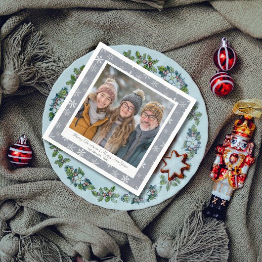 ヴィンテージとモダングレーと白の雪片 スタンダードカクテルナプキン