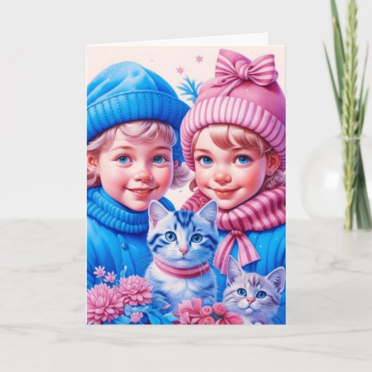 ヴィンテージと子猫のクリスマス カード (正面)