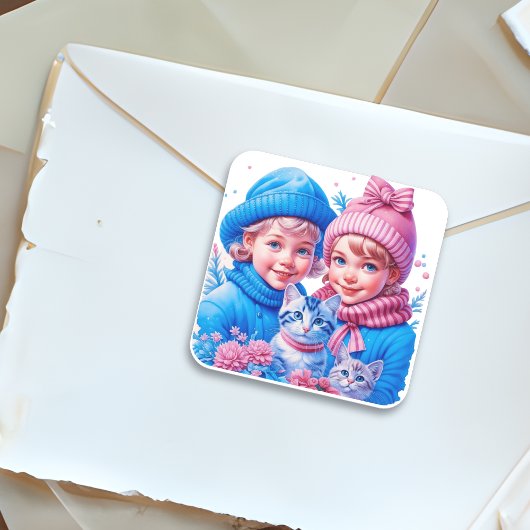 ヴィンテージと子猫のクリスマス スクエアシール