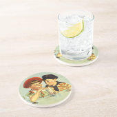 ヴィンテージと少年、少女が握手 コースター (側面)