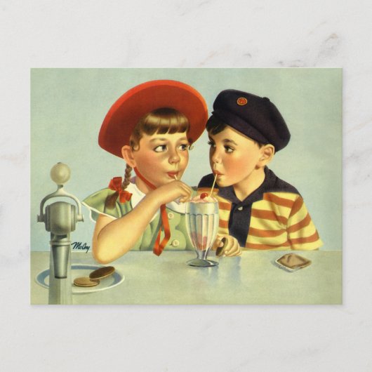ヴィンテージと少年、少女が握手 ポストカード (正面)