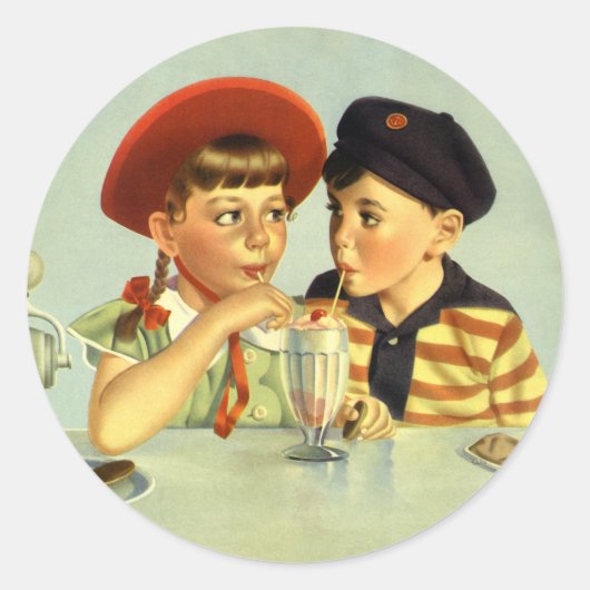 ヴィンテージと少年、少女が握手 ラウンドシール (正面)