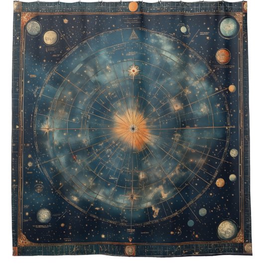 ヴィンテージと惑星の〔占星術の〕十二宮図マップ シャワーカーテン (正面)