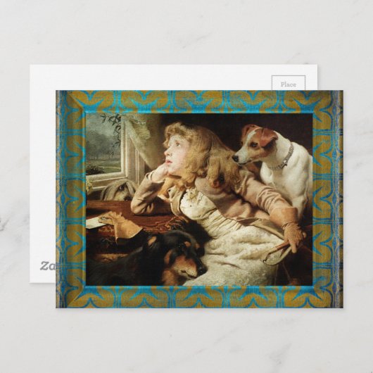 ヴィンテージと犬の額縁グランジ付 ポストカード (正面/裏面)