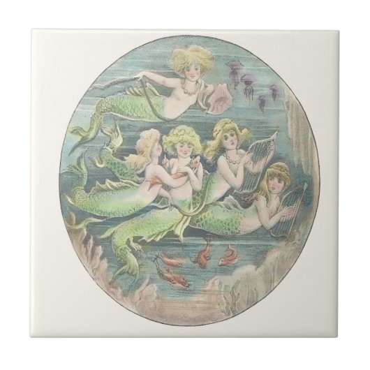 ヴィンテージと金魚で泳ぐ人魚の姉妹 タイル (正面)