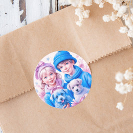 ヴィンテージと青とピンクの子犬のクリスマス ラウンドシール