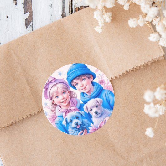 ヴィンテージと青とピンクの子犬のクリスマス ラウンドシール