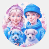 ヴィンテージと青とピンクの子犬のクリスマス ラウンドシール (正面)