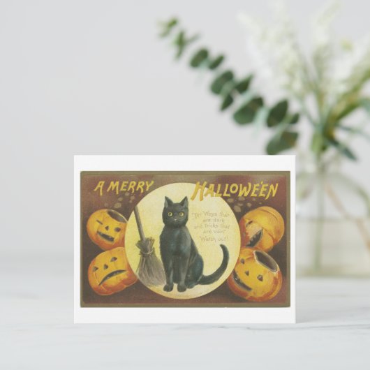ヴィンテージと黒猫のハロウィンの挨拶 ポストカード (スタンド正面)