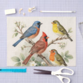 ヴィンテージなうたごえ鳥と花の枝のイラスト 薄葉紙 (クラフト)