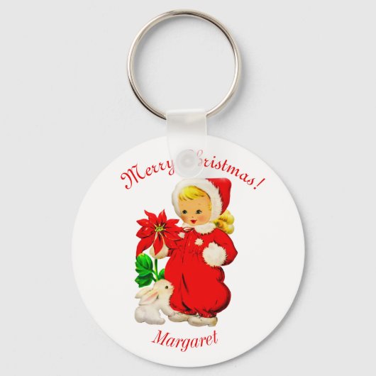 ヴィンテージなウサギと少女のクリスマスキーチェーン キーホルダー (正面)