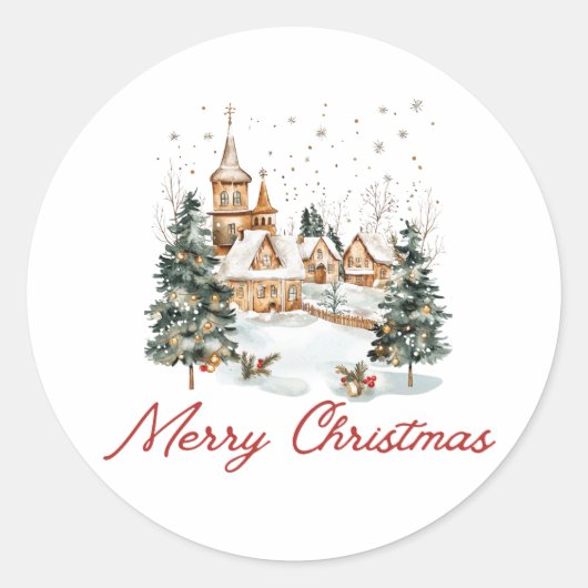ヴィンテージなクリスマスのイラスト メリークリスマス ラウンドシール (正面)