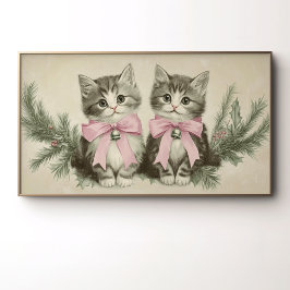 ヴィンテージなクリスマスのピンクのリボンの子猫 ポスター