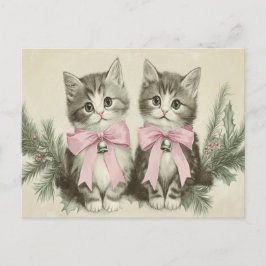 ヴィンテージなクリスマスのピンクのリボンの子猫 ポストカード