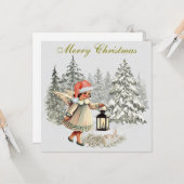 ヴィンテージなクリスマスの天使とうさぎ カード (正面/裏面インサイチュ)