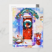 ヴィンテージなクリスマス　冬　赤いドア　水彩画 シーズンポストカード (正面/裏面)