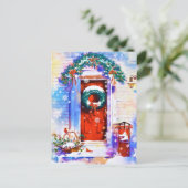ヴィンテージなクリスマス 冬 赤いドア 水彩画 シーズンポストカード (スタンド正面)
