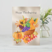 ヴィンテージなタン色のバスケットに、野菜と花の感謝祭 招待状 (スタンド正面)