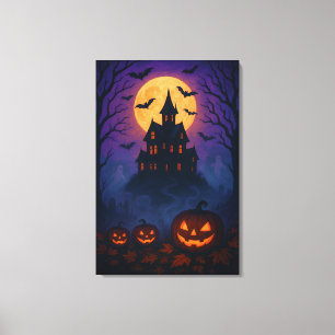 ヴィンテージなハロウィンの夜、満月とコウモリ キャンバスプリント