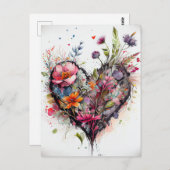ヴィンテージなハートと水彩の花のロマンチックなカード ポストカード (正面/裏面)