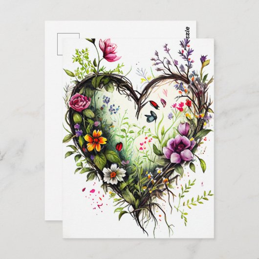 ヴィンテージなハートと水彩の花の愛のカード ポストカード (正面/裏面)