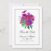 ヴィンテージなフューシャとパープルの花のウェディング セーブザデート (正面)