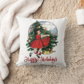 ヴィンテージなモミの木と女の子 Happy Holidays クッション (ブランケット)