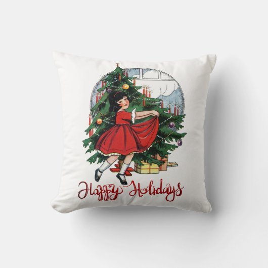 ヴィンテージなモミの木と女の子 Happy Holidays クッション (正面)