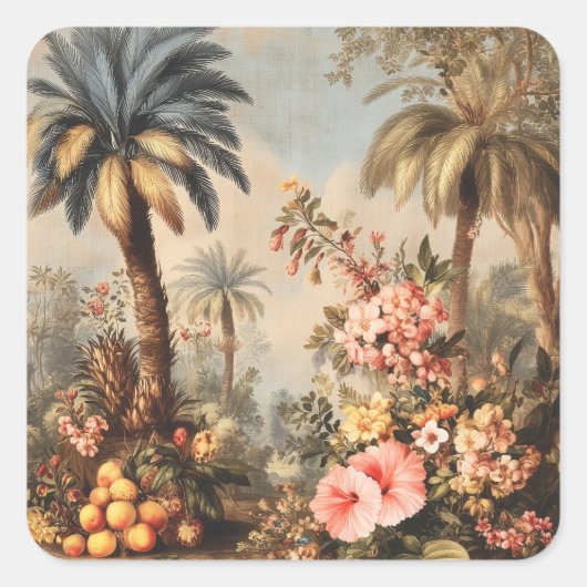 ヴィンテージなヤシの植物画 スクエアシール (正面)