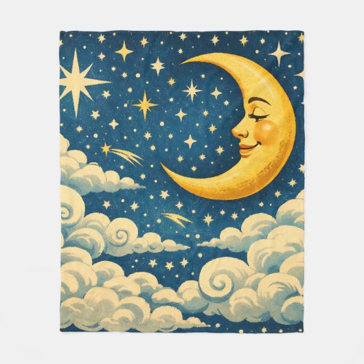 ヴィンテージな三日月の夜空 フリースブランケット (正面)