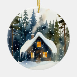 ヴィンテージな冬のキャビンの水彩クリスマス セラミックオーナメント