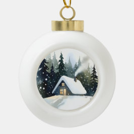 ヴィンテージな冬のキャビンの水彩クリスマス セラミックボールオーナメント
