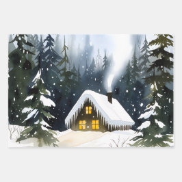 ヴィンテージな冬のキャビンの水彩クリスマス ラッピングペーパーシート
