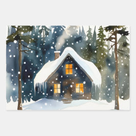 ヴィンテージな冬のキャビン 水彩クリスマス ラッピングペーパーシート
