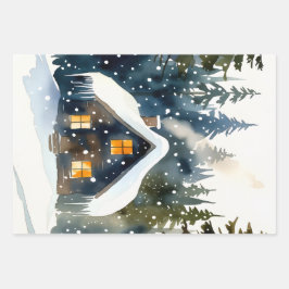 ヴィンテージな冬のキャビン 水彩クリスマス ラッピングペーパーシート