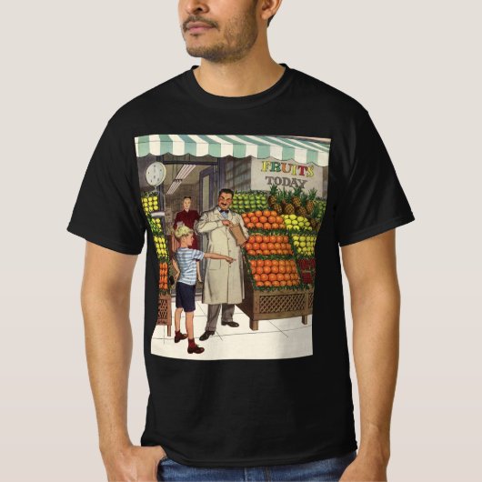 ヴィンテージな商店の風景、食料品店と少年がいる果物屋 Tシャツ (正面)