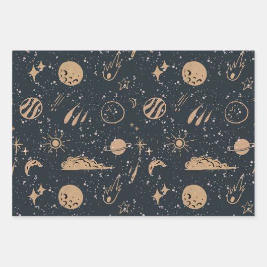 ヴィンテージな天体宇宙パターン ラッピングペーパーシート (正面)