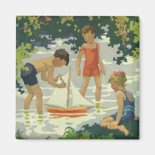 ヴィンテージな子供たちがおもちゃの帆船で遊ぶ夏の池 マグネット (正面)